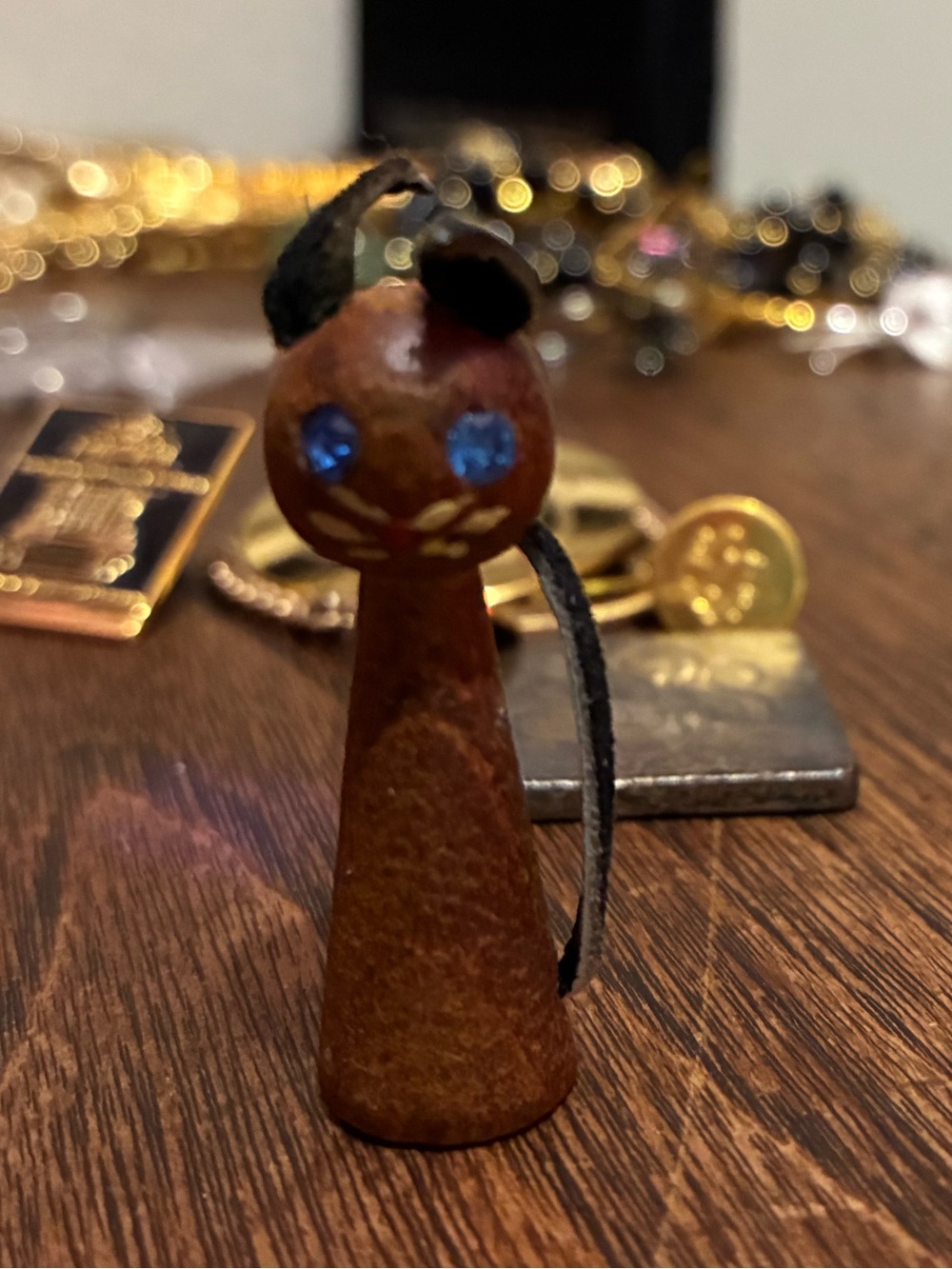 Wood & Leather Cat Brooche